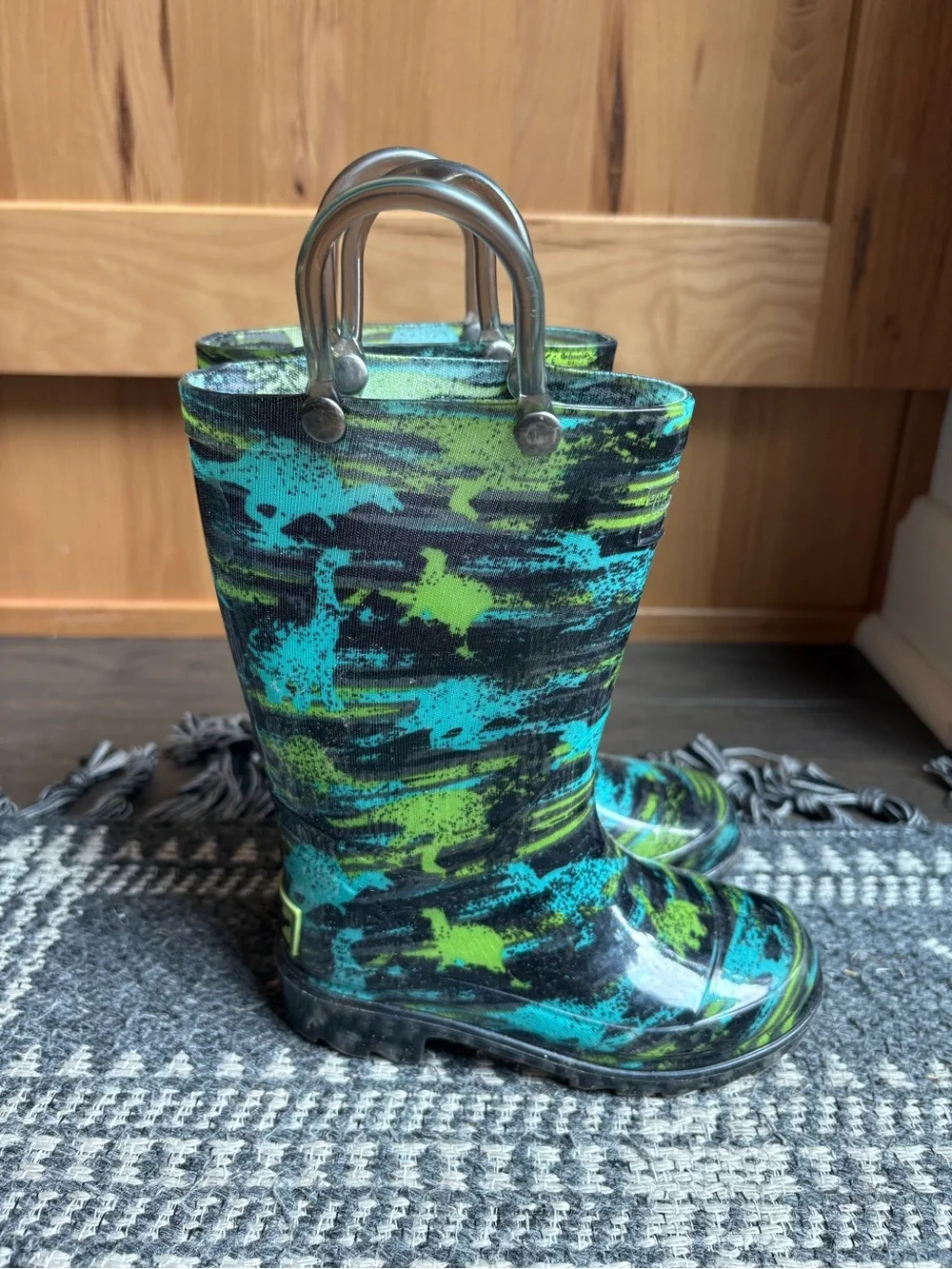 Western Chief Kids Teal & Lime Patterned Rain Boots with Pull Handles